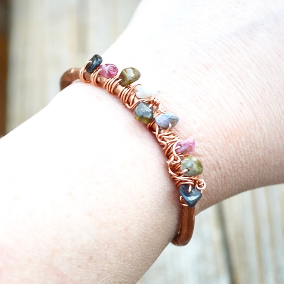 Pink Black Green Tourmaline Copper Cuff Bracelet - Picture 8 of 9
